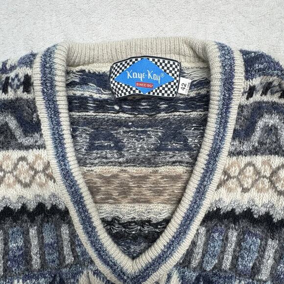 VTG Kay & Kay Prep Shaggy Mohair Alpaca Fair Isle V Neck Sweater Navy Size 42 - Picture 2 of 11